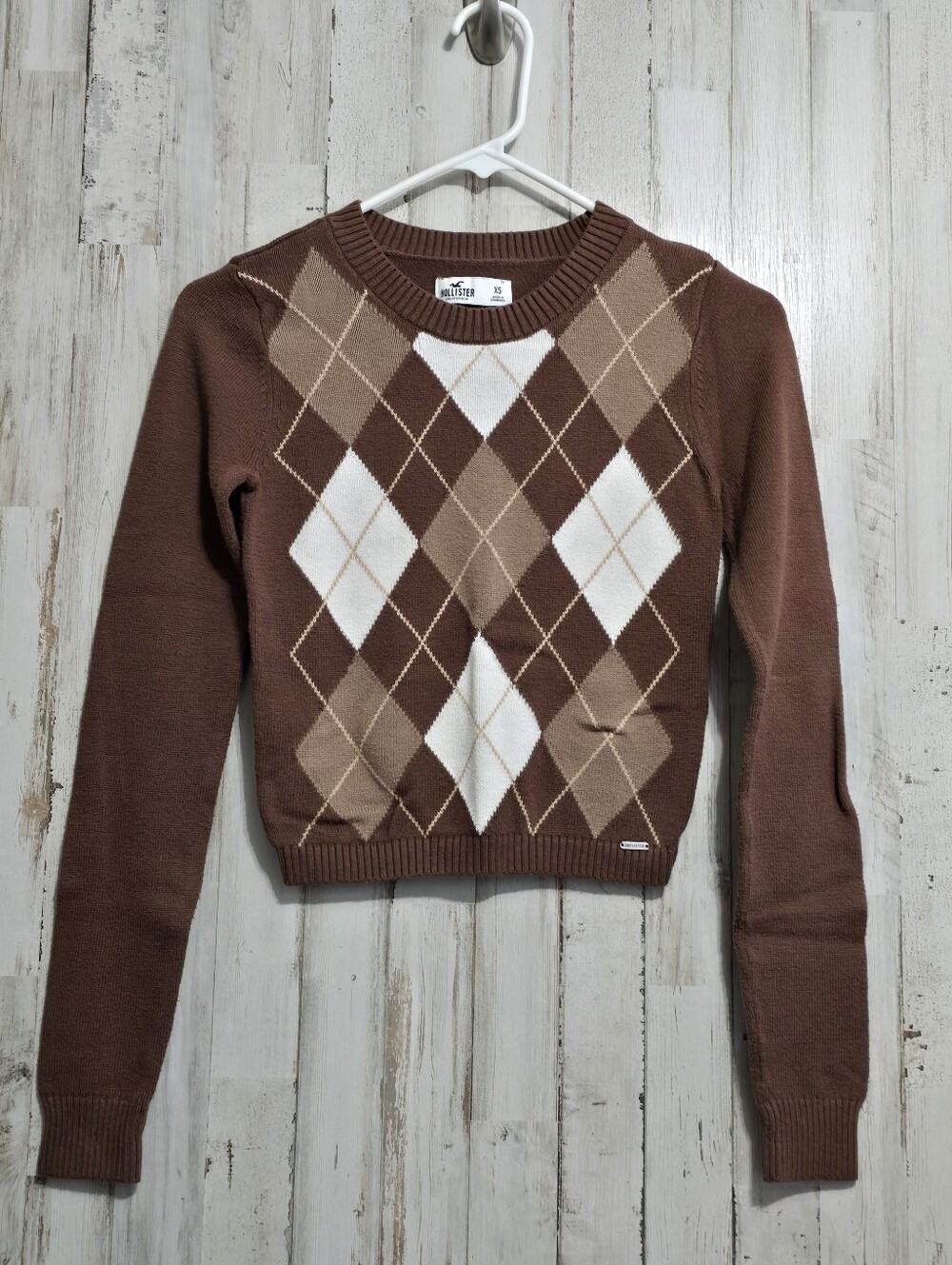 Hollister Brown Argyle Knit Long Sleeve Cropped Sweater Size XS